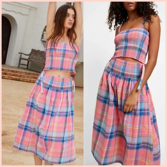 Nation LTD Dresses & Skirts - NWT Nation LTD Plaid Primrose Skirt Smocked Waste Side Ties